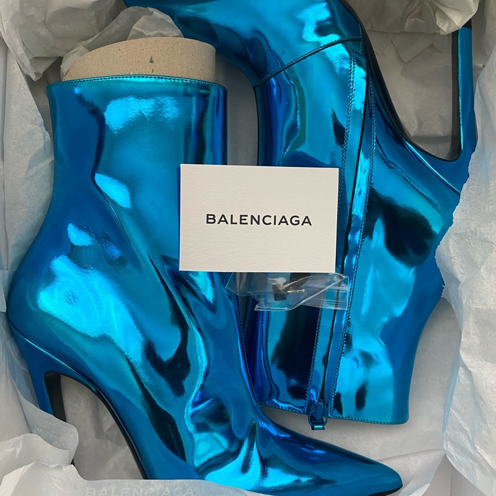 Balenciaga metallic blue slash heel booties